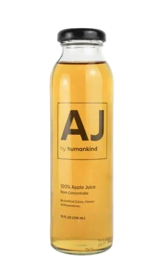 Bottle of AJ by humankind 100% Apple Juice on a white background