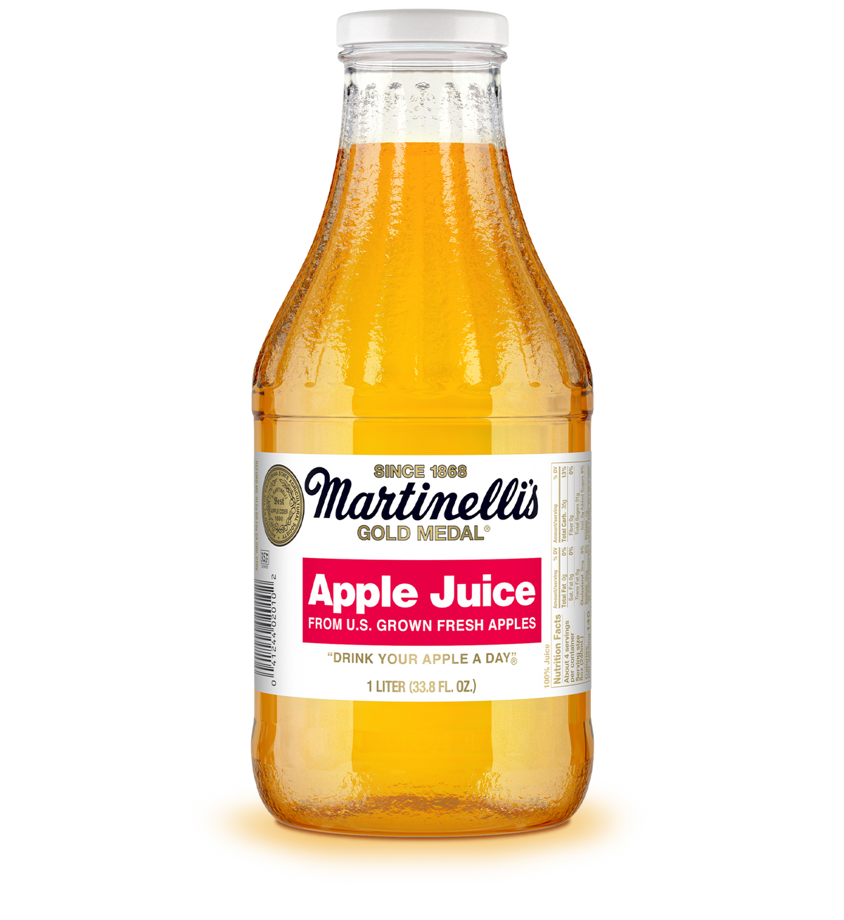 Bottle of Martinelli's Gold Medal Apple Juice on a white background