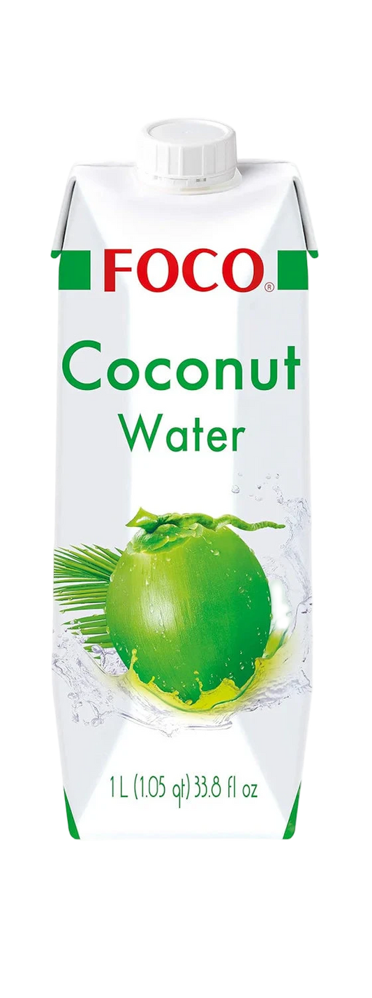 FOCO coconut water packaging with a green coconut illustration on a white background