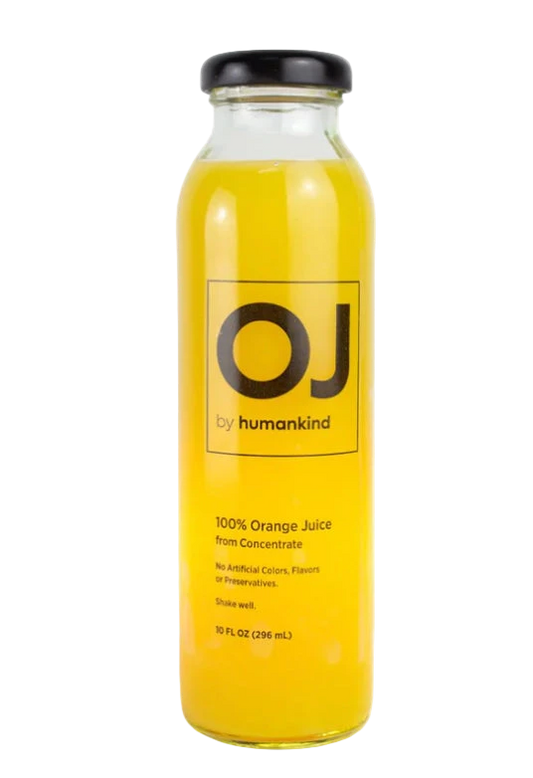 Bottle of orange juice with 'OJ by humankind' label on a white background