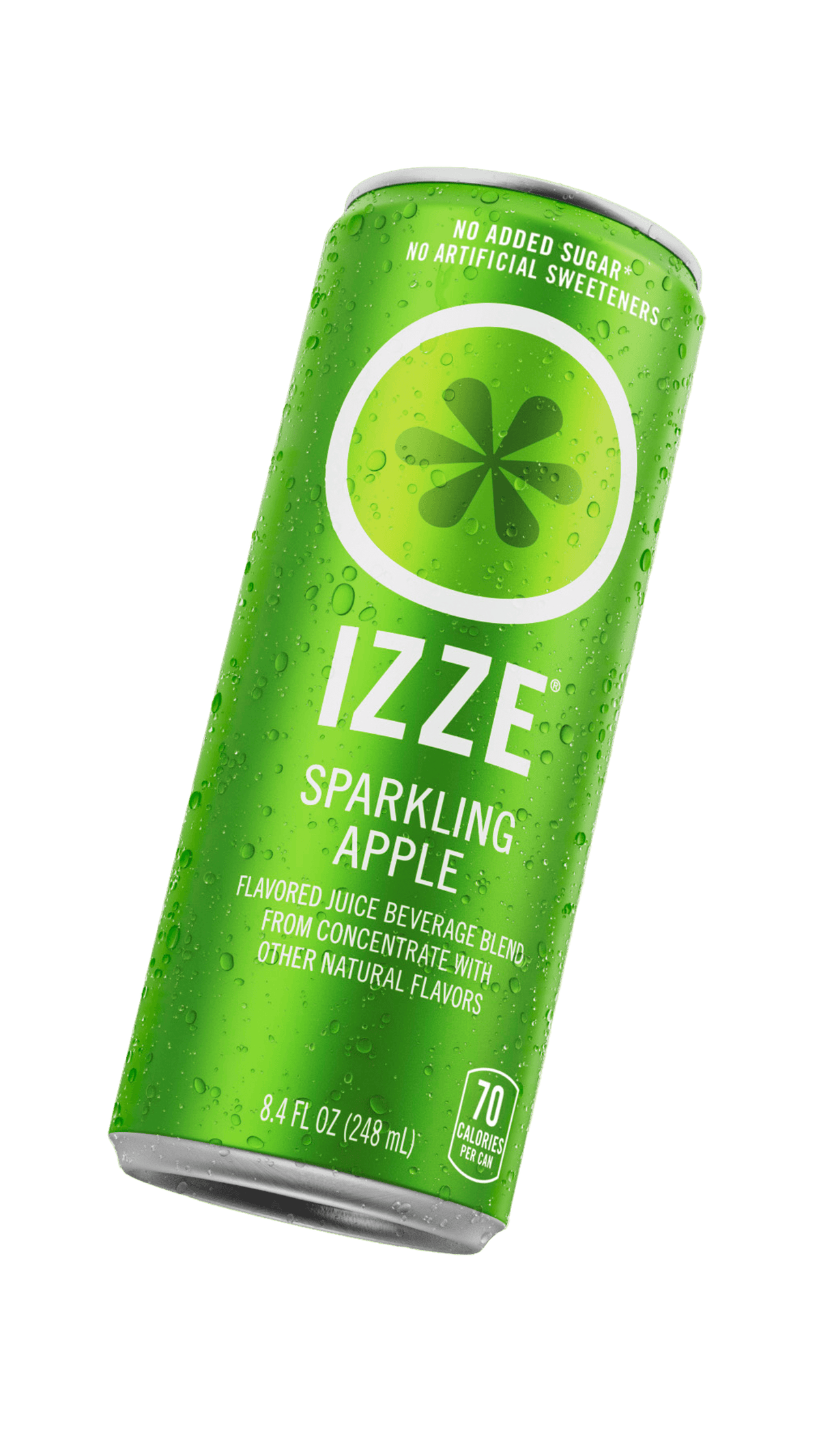 Green can of IZZE Sparkling Apple on a gray background