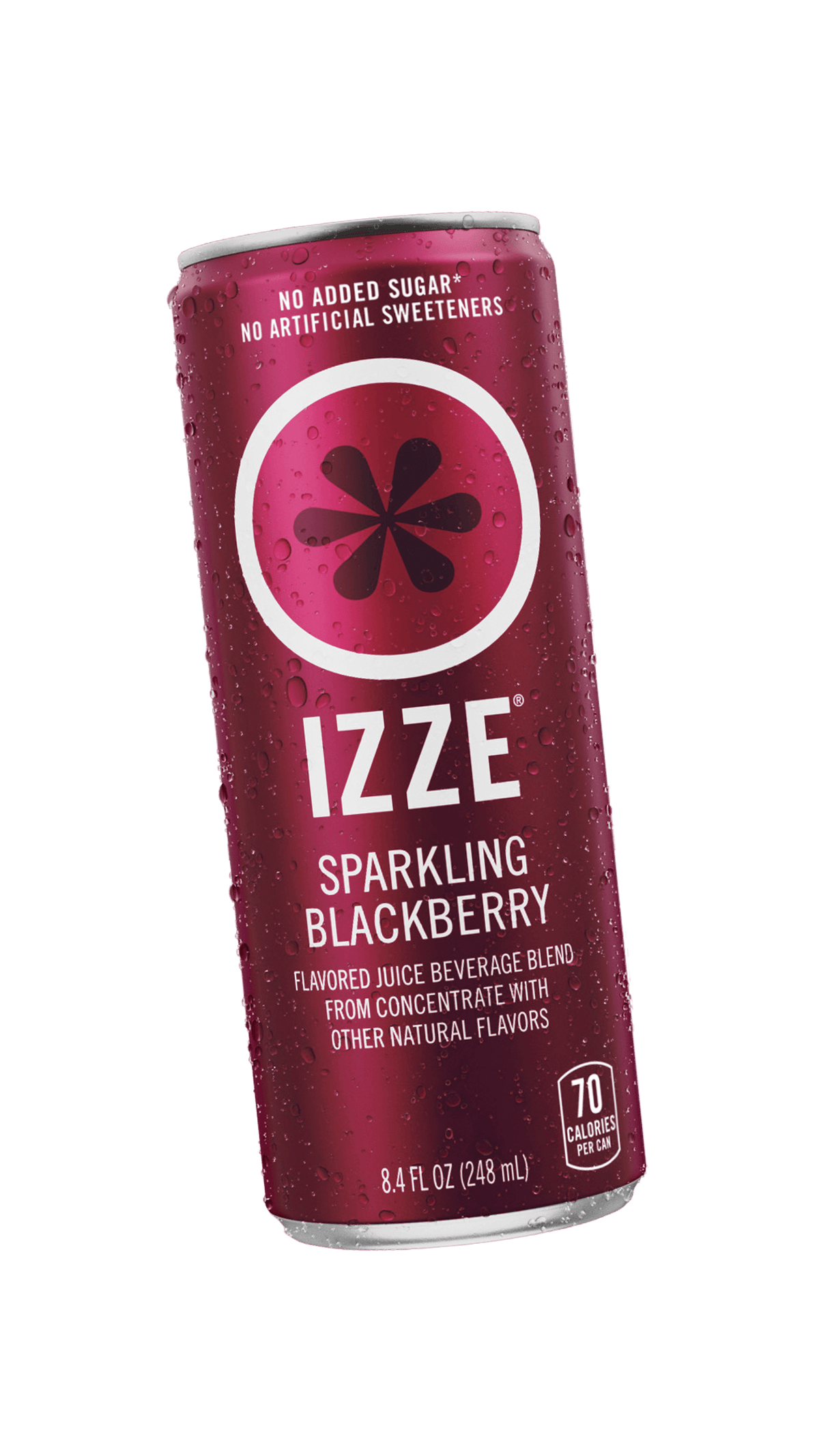 Red can of IZZE Sparkling Blackberry on a gray background
