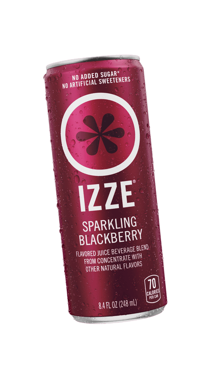 Red can of IZZE Sparkling Blackberry on a gray background