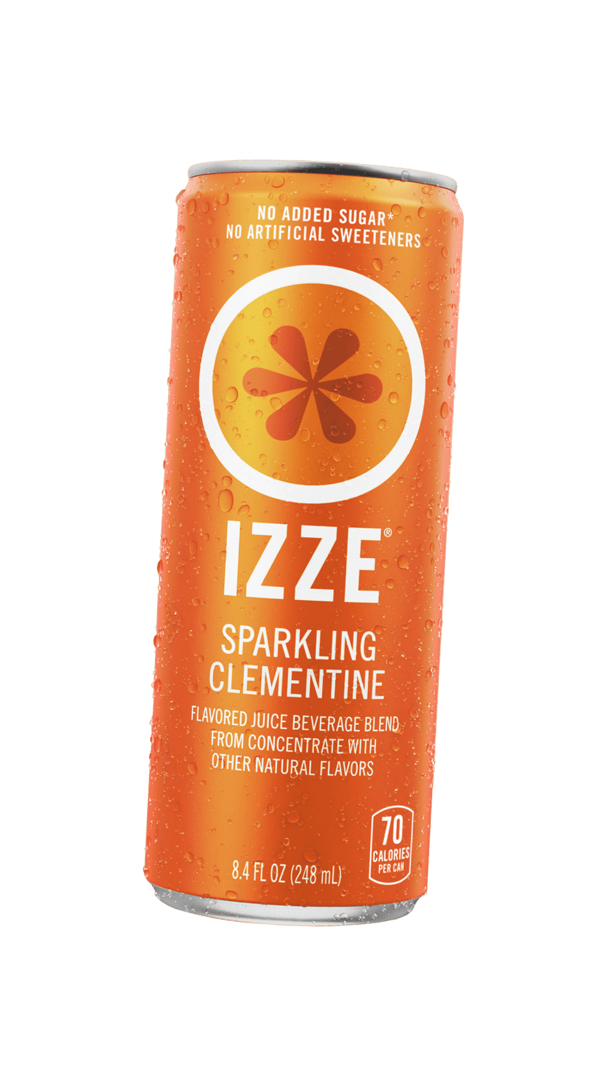 Orange can of IZZE Sparkling Clementine on a dark gray background