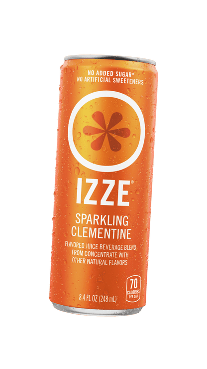 Orange can of IZZE Sparkling Clementine on a dark gray background