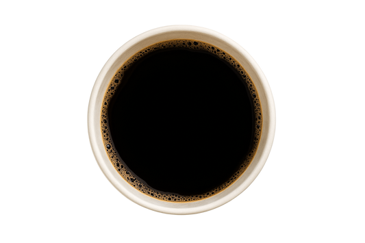White cup filled with black coffee on a light gray background