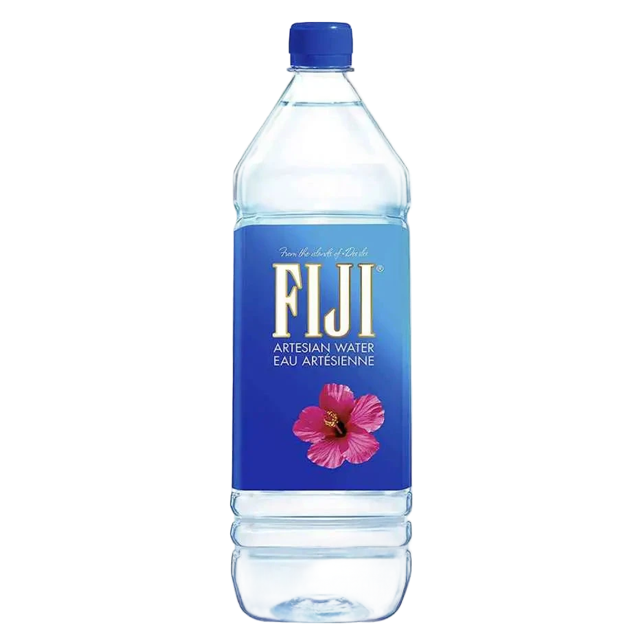 FIJI Artesian Water bottle with blue cap and label on a white background