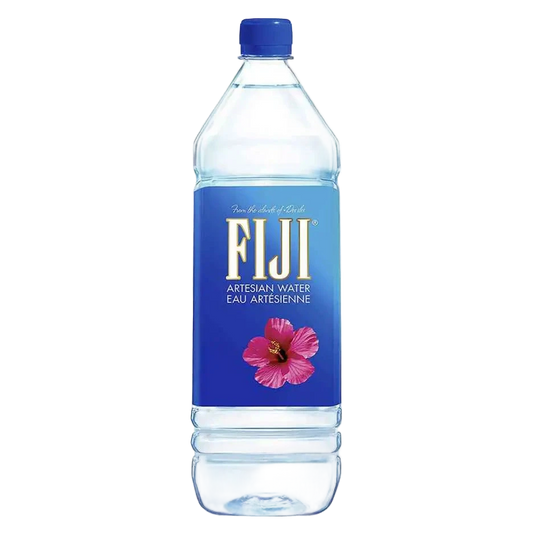 FIJI Artesian Water bottle with blue cap and label on a white background