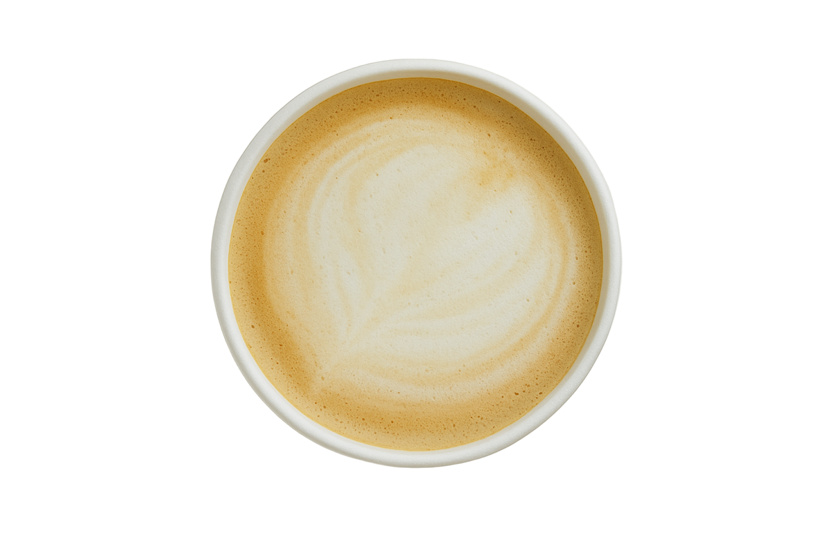 Flat white coffee in a white cup on a light gray background