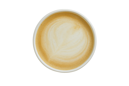 Flat white coffee in a white cup on a light gray background